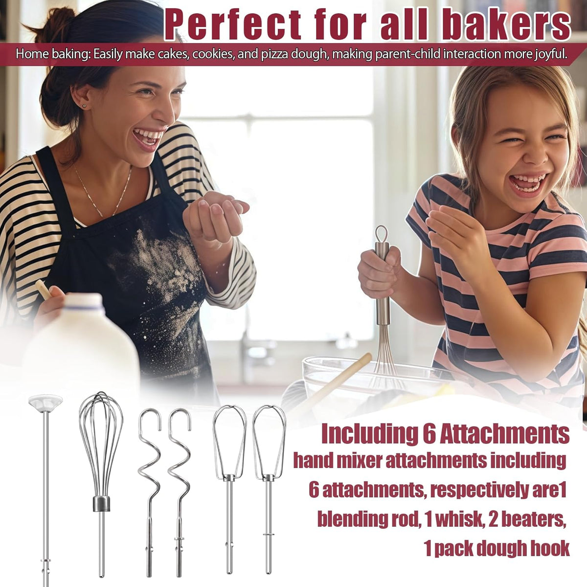 Hand Mixer Beater Attachments for Kitchenaid, Whisk, Dough Hooks, and Liquid Blending Rod, Stainless Steel Accessories fits Hand Mixers KHM3/5/7/9, KHM926/512, Set of 6