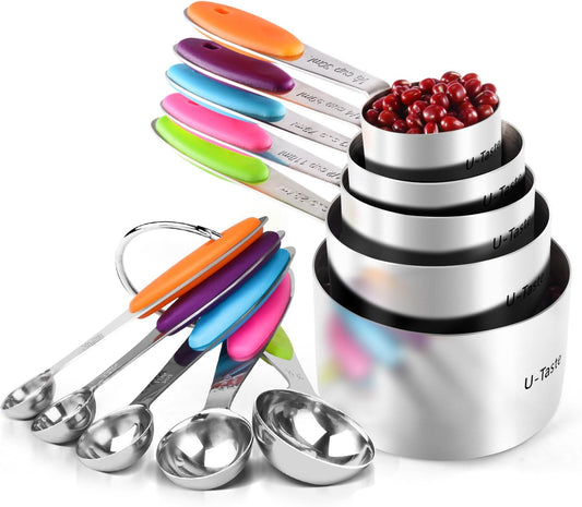 Measuring Cups : 18/8 Stainless Steel Measuring Cups and Spoons Set of 10 Piece, Upgraded Thickness Handle (Multicolors) | Upgraded Thickened Handle, Reinforced Welded Joints, Nested Stackable Design, Metal Measure Set for Kitchen Baking Cooking