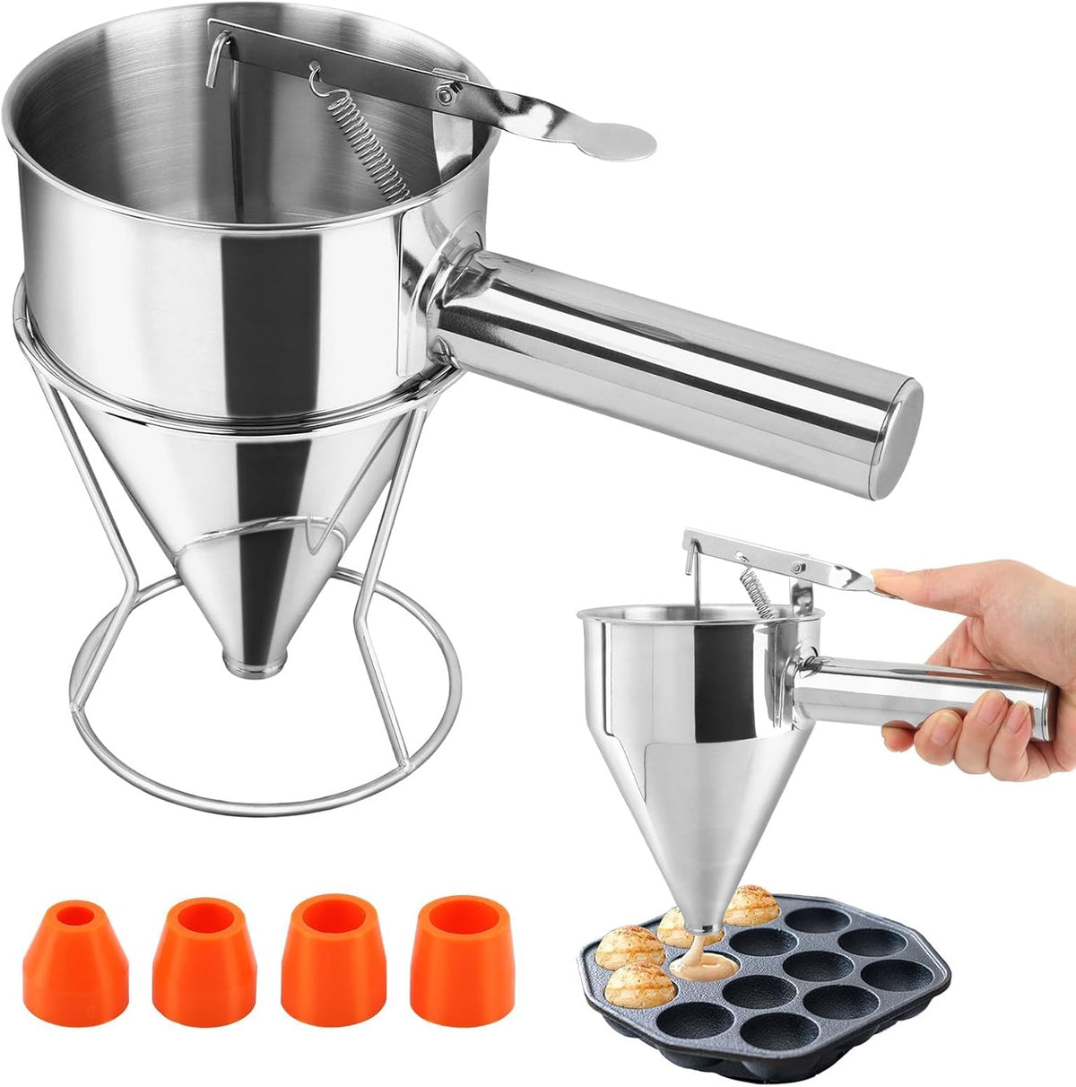 Pancake Batter Dispenser, Stainless Steel Funnel Cake Dispenser with with Squeeze Handle & Stand for Pancakes, Cupcakes, Takoyaki, Waffle and Baked Goods(SIZE:S,600ml)