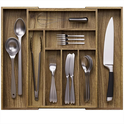 Kiasthome Acacia Wood Kitchen Silverware Drawer Organizer, Expandable Utensil Cutlery Drawer Organizer with Dividers, Flatware Organizer Silverware Tray for Spoon, Fork, 13''-21''x16.9'' (6-8 Slots)
