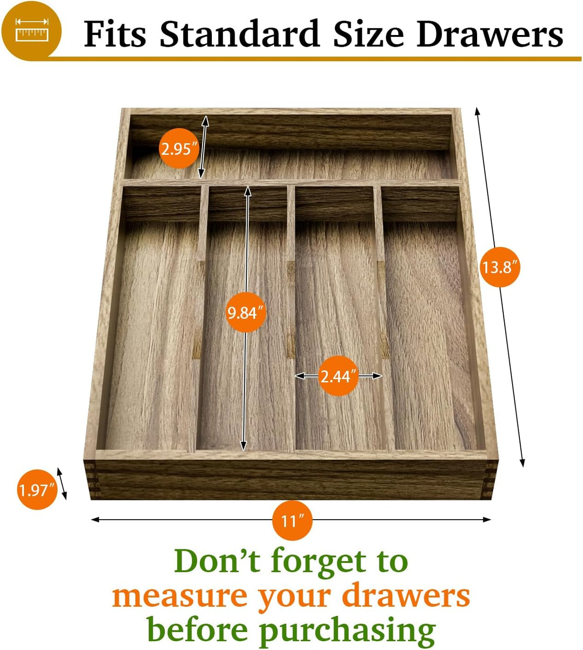 Kiasthome Acacia Wood Kitchen Silverware Drawer Organizer, Expandable Utensil Cutlery Drawer Organizer with Dividers, Flatware Organizer Silverware Tray for Spoon, Fork, 13''-21''x16.9'' (6-8 Slots)