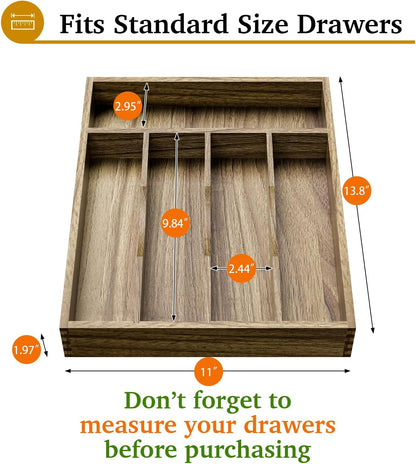 Kiasthome Acacia Wood Kitchen Silverware Drawer Organizer, Expandable Utensil Cutlery Drawer Organizer with Dividers, Flatware Organizer Silverware Tray for Spoon, Fork, 13''-21''x16.9'' (6-8 Slots)