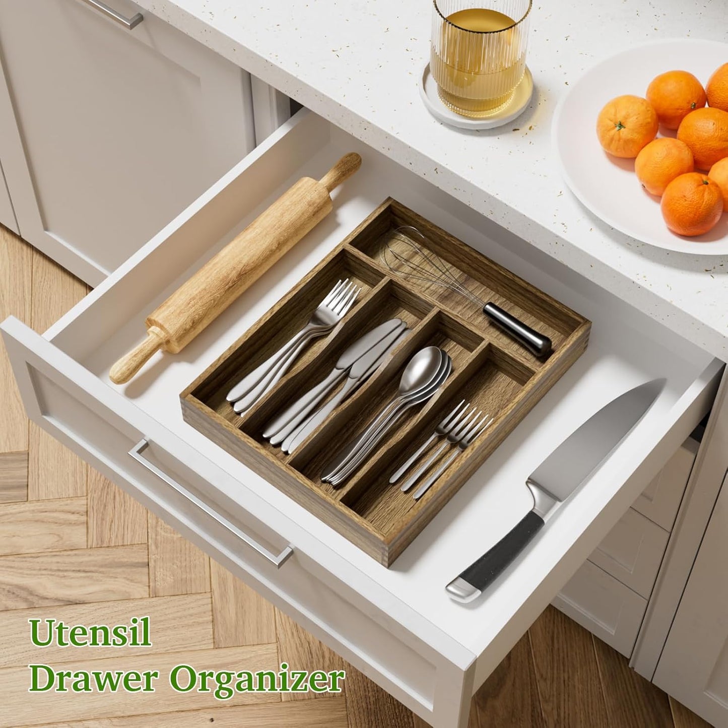 Kiasthome Acacia Wood Kitchen Silverware Drawer Organizer, Expandable Utensil Cutlery Drawer Organizer with Dividers, Flatware Organizer Silverware Tray for Spoon, Fork, 13''-21''x16.9'' (6-8 Slots)