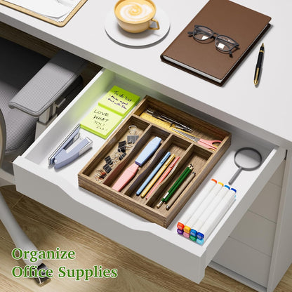 Kiasthome Acacia Wood Kitchen Silverware Drawer Organizer, Expandable Utensil Cutlery Drawer Organizer with Dividers, Flatware Organizer Silverware Tray for Spoon, Fork, 13''-21''x16.9'' (6-8 Slots)