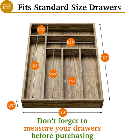 Kiasthome Acacia Wood Kitchen Silverware Drawer Organizer, Expandable Utensil Cutlery Drawer Organizer with Dividers, Flatware Organizer Silverware Tray for Spoon, Fork, 13''-21''x16.9'' (6-8 Slots)