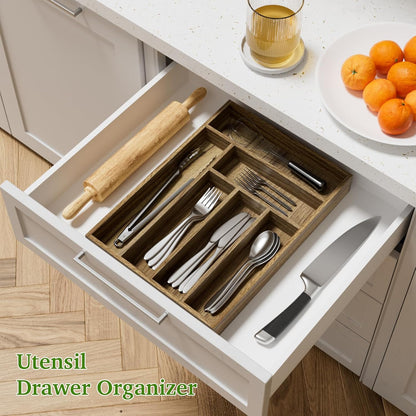 Kiasthome Acacia Wood Kitchen Silverware Drawer Organizer, Expandable Utensil Cutlery Drawer Organizer with Dividers, Flatware Organizer Silverware Tray for Spoon, Fork, 13''-21''x16.9'' (6-8 Slots)