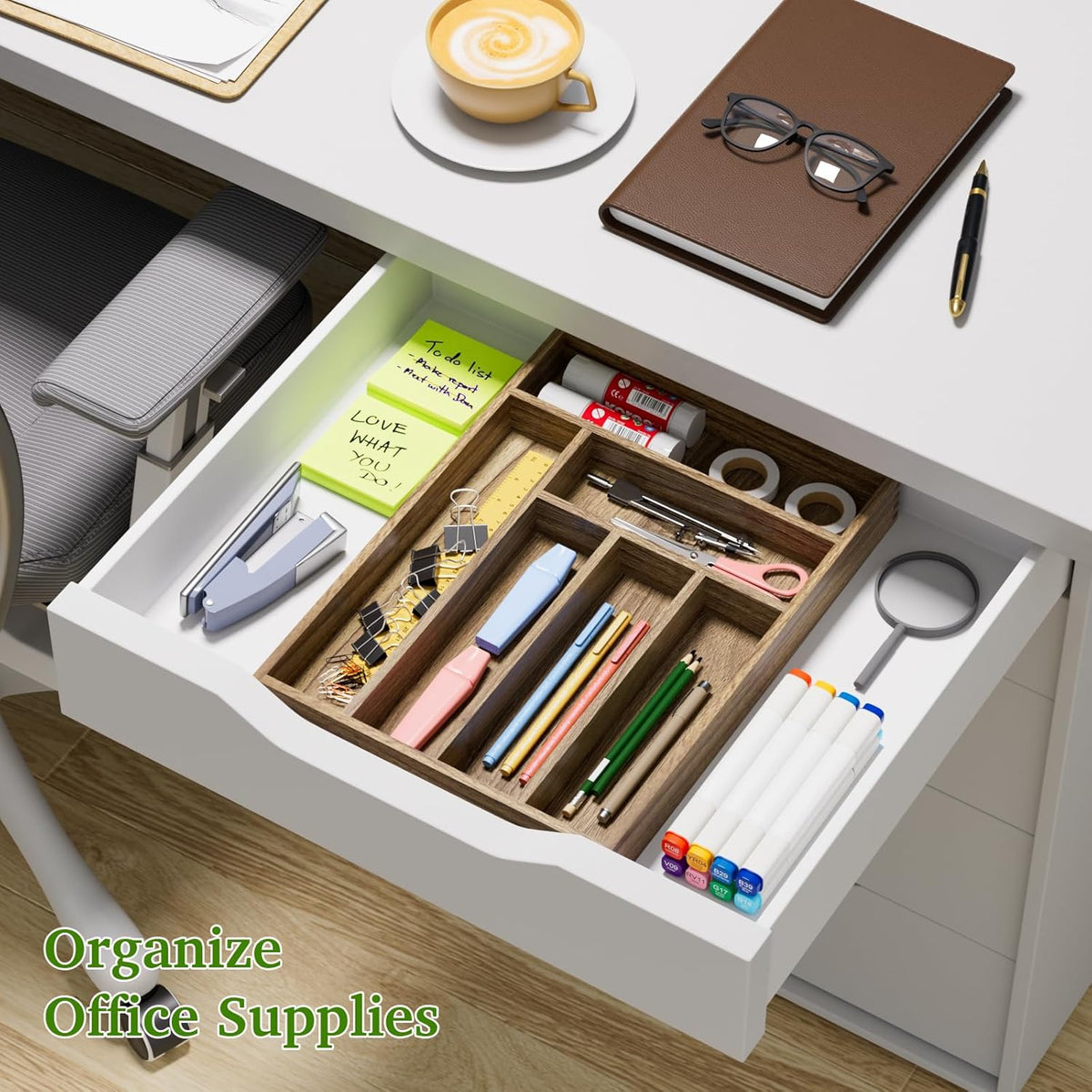 Kiasthome Acacia Wood Kitchen Silverware Drawer Organizer, Expandable Utensil Cutlery Drawer Organizer with Dividers, Flatware Organizer Silverware Tray for Spoon, Fork, 13''-21''x16.9'' (6-8 Slots)