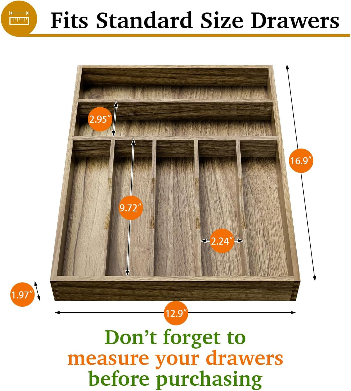 Kiasthome Acacia Wood Kitchen Silverware Drawer Organizer, Expandable Utensil Cutlery Drawer Organizer with Dividers, Flatware Organizer Silverware Tray for Spoon, Fork, 13''-21''x16.9'' (6-8 Slots)