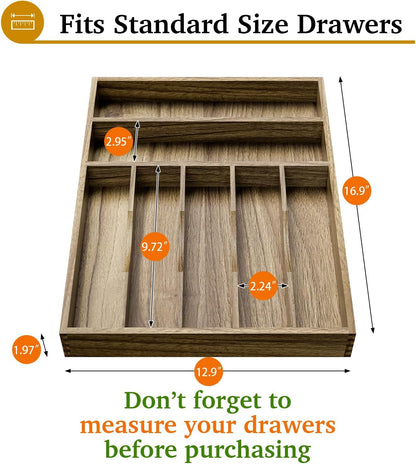 Kiasthome Acacia Wood Kitchen Silverware Drawer Organizer, Expandable Utensil Cutlery Drawer Organizer with Dividers, Flatware Organizer Silverware Tray for Spoon, Fork, 13''-21''x16.9'' (6-8 Slots)