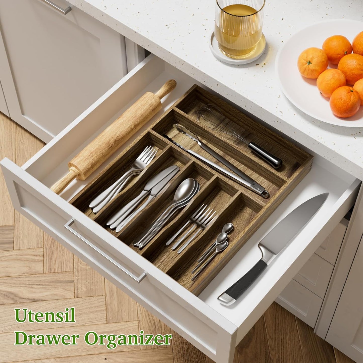 Kiasthome Acacia Wood Kitchen Silverware Drawer Organizer, Expandable Utensil Cutlery Drawer Organizer with Dividers, Flatware Organizer Silverware Tray for Spoon, Fork, 13''-21''x16.9'' (6-8 Slots)