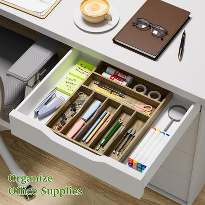 Kiasthome Acacia Wood Kitchen Silverware Drawer Organizer, Expandable Utensil Cutlery Drawer Organizer with Dividers, Flatware Organizer Silverware Tray for Spoon, Fork, 13''-21''x16.9'' (6-8 Slots)