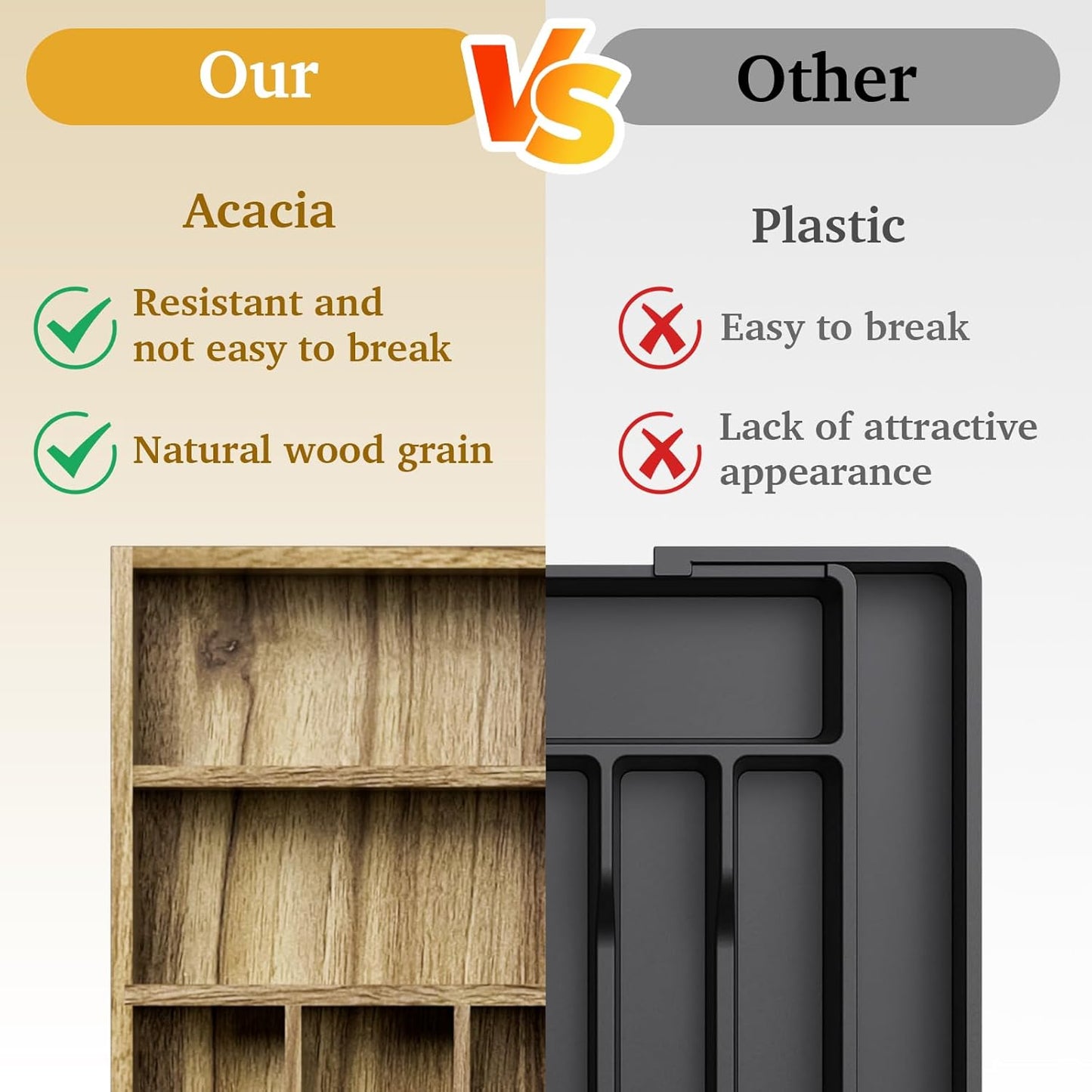Kiasthome Acacia Wood Kitchen Silverware Drawer Organizer, Expandable Utensil Cutlery Drawer Organizer with Dividers, Flatware Organizer Silverware Tray for Spoon, Fork, 13''-21''x16.9'' (6-8 Slots)
