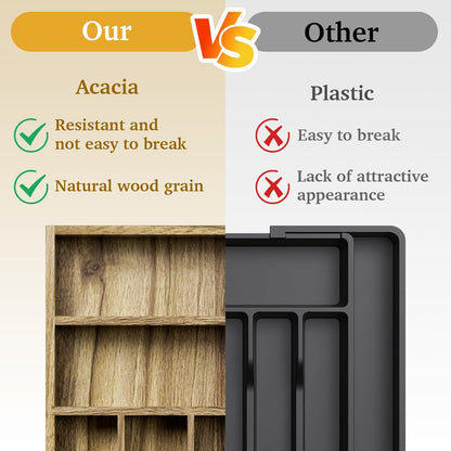 Kiasthome Acacia Wood Kitchen Silverware Drawer Organizer, Expandable Utensil Cutlery Drawer Organizer with Dividers, Flatware Organizer Silverware Tray for Spoon, Fork, 13''-21''x16.9'' (6-8 Slots)