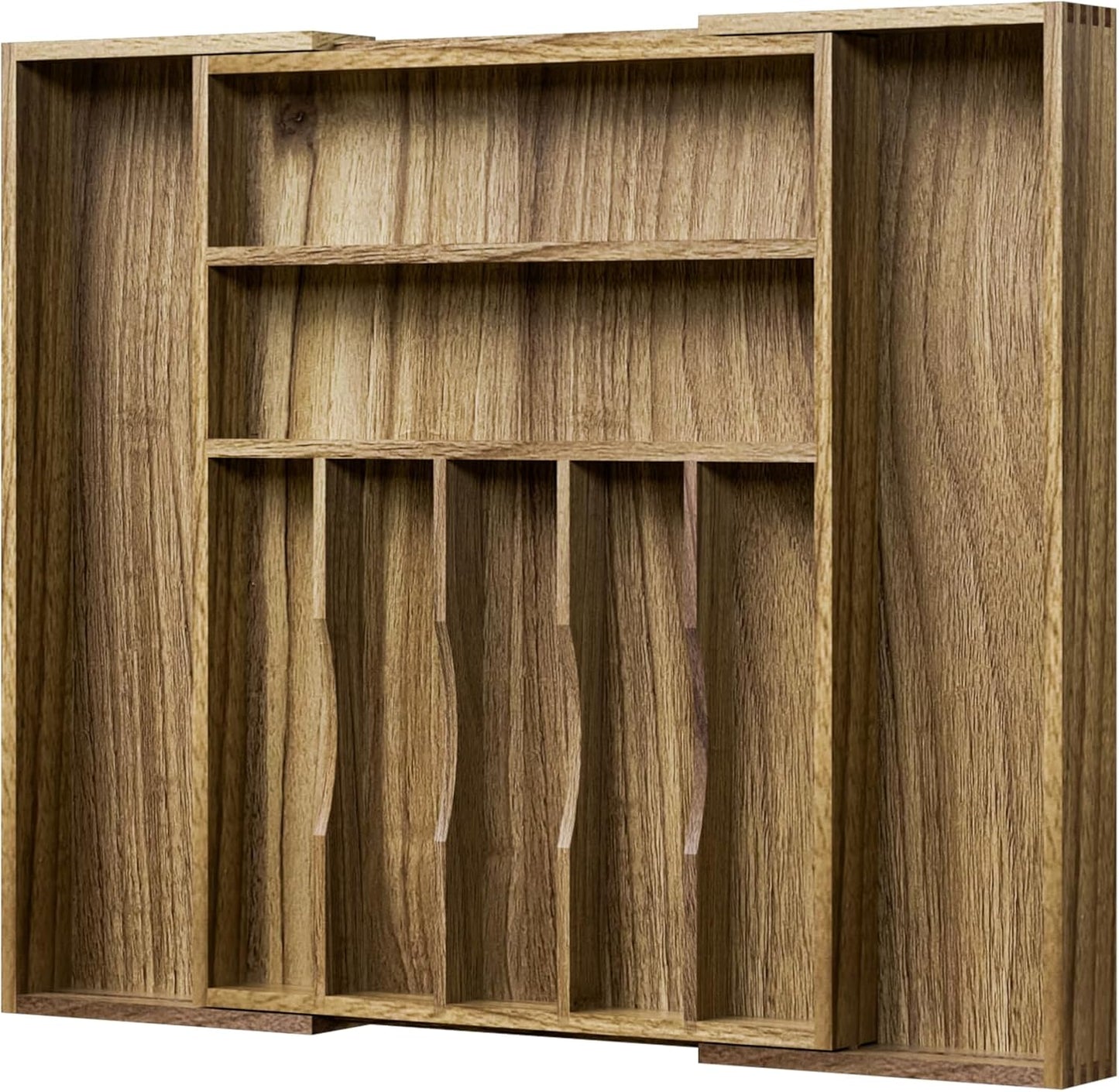 Kiasthome Acacia Wood Kitchen Silverware Drawer Organizer, Expandable Utensil Cutlery Drawer Organizer with Dividers, Flatware Organizer Silverware Tray for Spoon, Fork, 13''-21''x16.9'' (6-8 Slots)