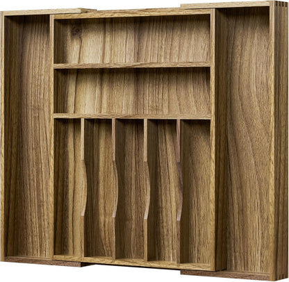 Kiasthome Acacia Wood Kitchen Silverware Drawer Organizer, Expandable Utensil Cutlery Drawer Organizer with Dividers, Flatware Organizer Silverware Tray for Spoon, Fork, 13''-21''x16.9'' (6-8 Slots)