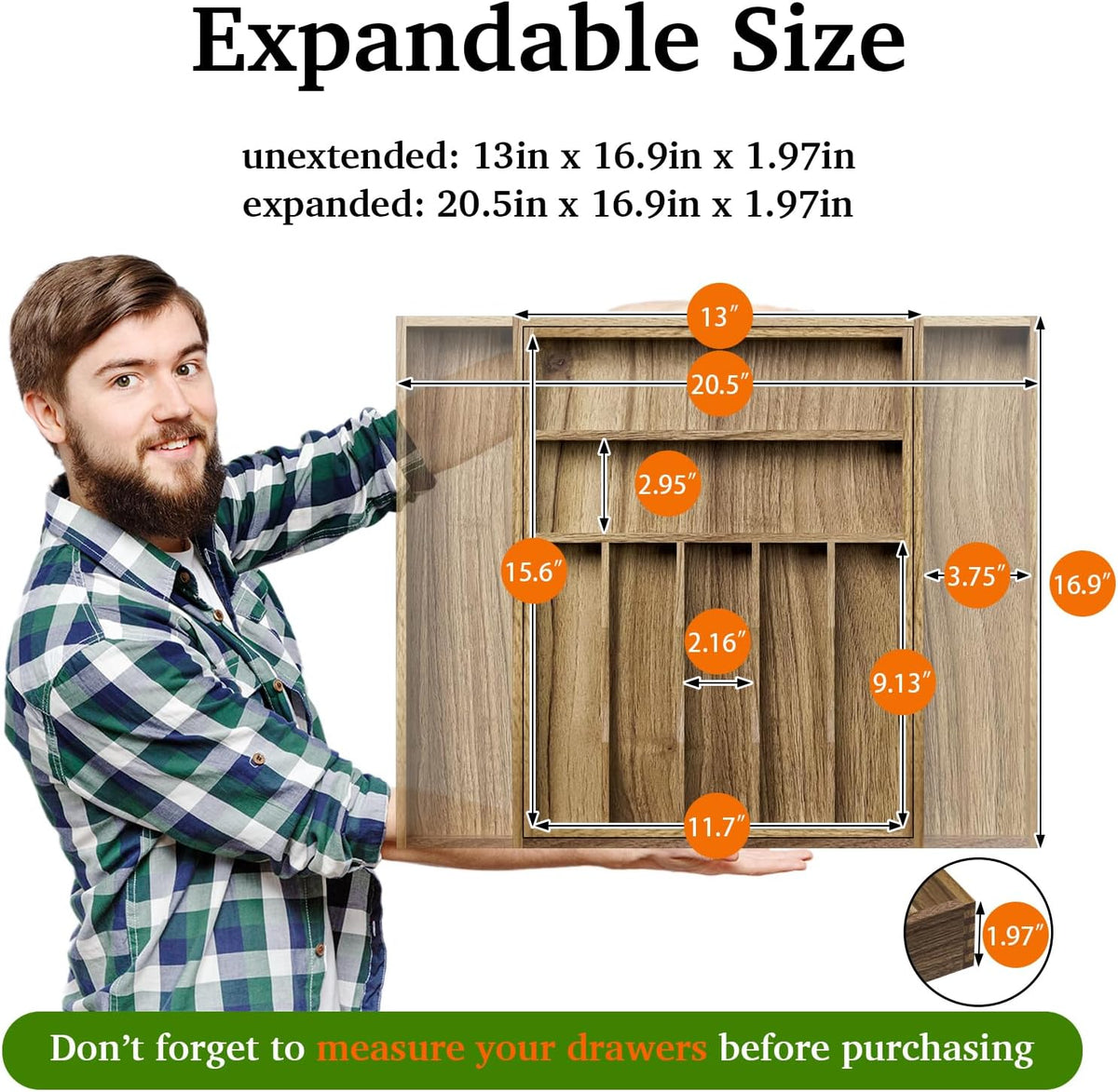 Kiasthome Acacia Wood Kitchen Silverware Drawer Organizer, Expandable Utensil Cutlery Drawer Organizer with Dividers, Flatware Organizer Silverware Tray for Spoon, Fork, 13''-21''x16.9'' (6-8 Slots)