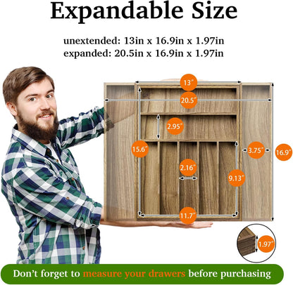 Kiasthome Acacia Wood Kitchen Silverware Drawer Organizer, Expandable Utensil Cutlery Drawer Organizer with Dividers, Flatware Organizer Silverware Tray for Spoon, Fork, 13''-21''x16.9'' (6-8 Slots)
