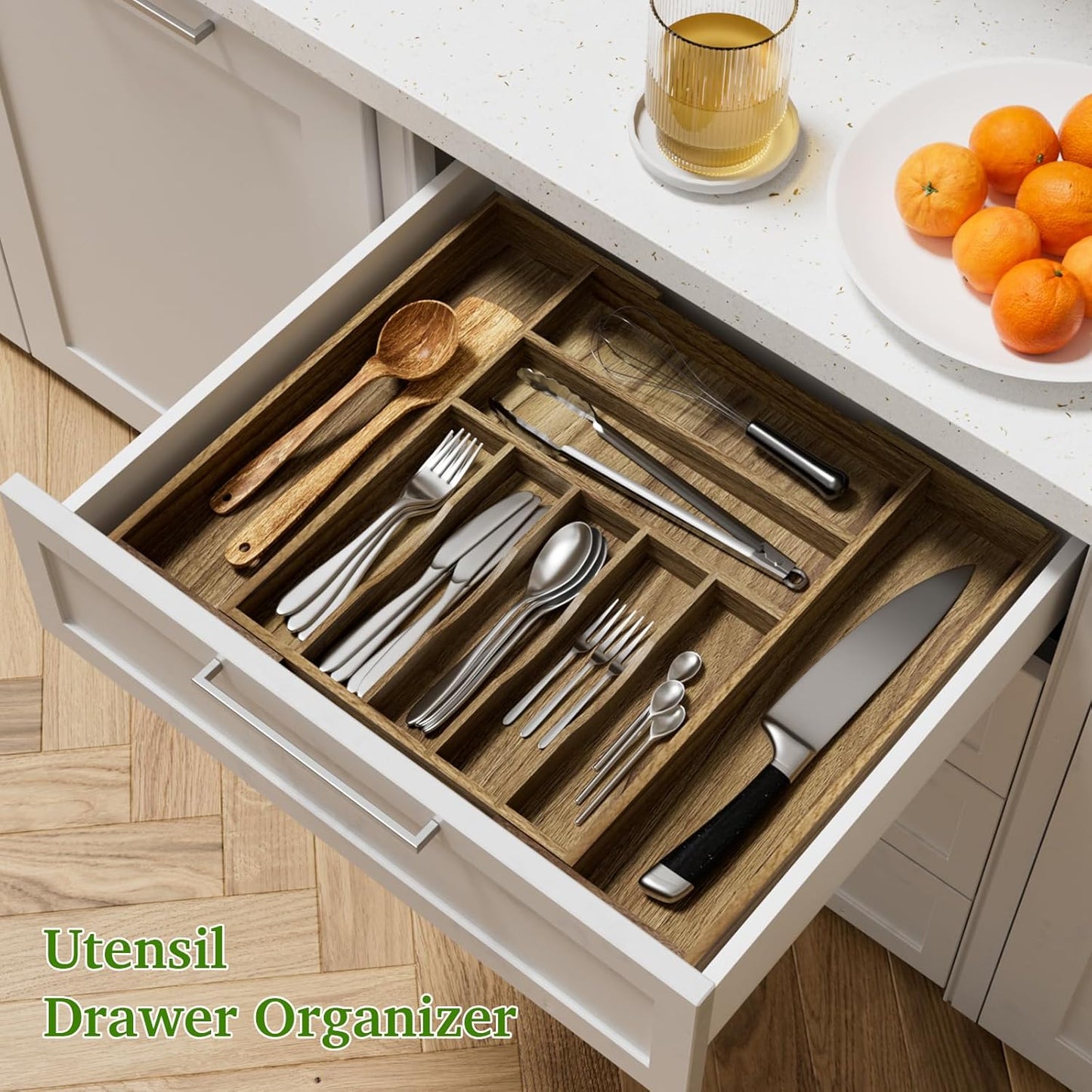 Kiasthome Acacia Wood Kitchen Silverware Drawer Organizer, Expandable Utensil Cutlery Drawer Organizer with Dividers, Flatware Organizer Silverware Tray for Spoon, Fork, 13''-21''x16.9'' (6-8 Slots)