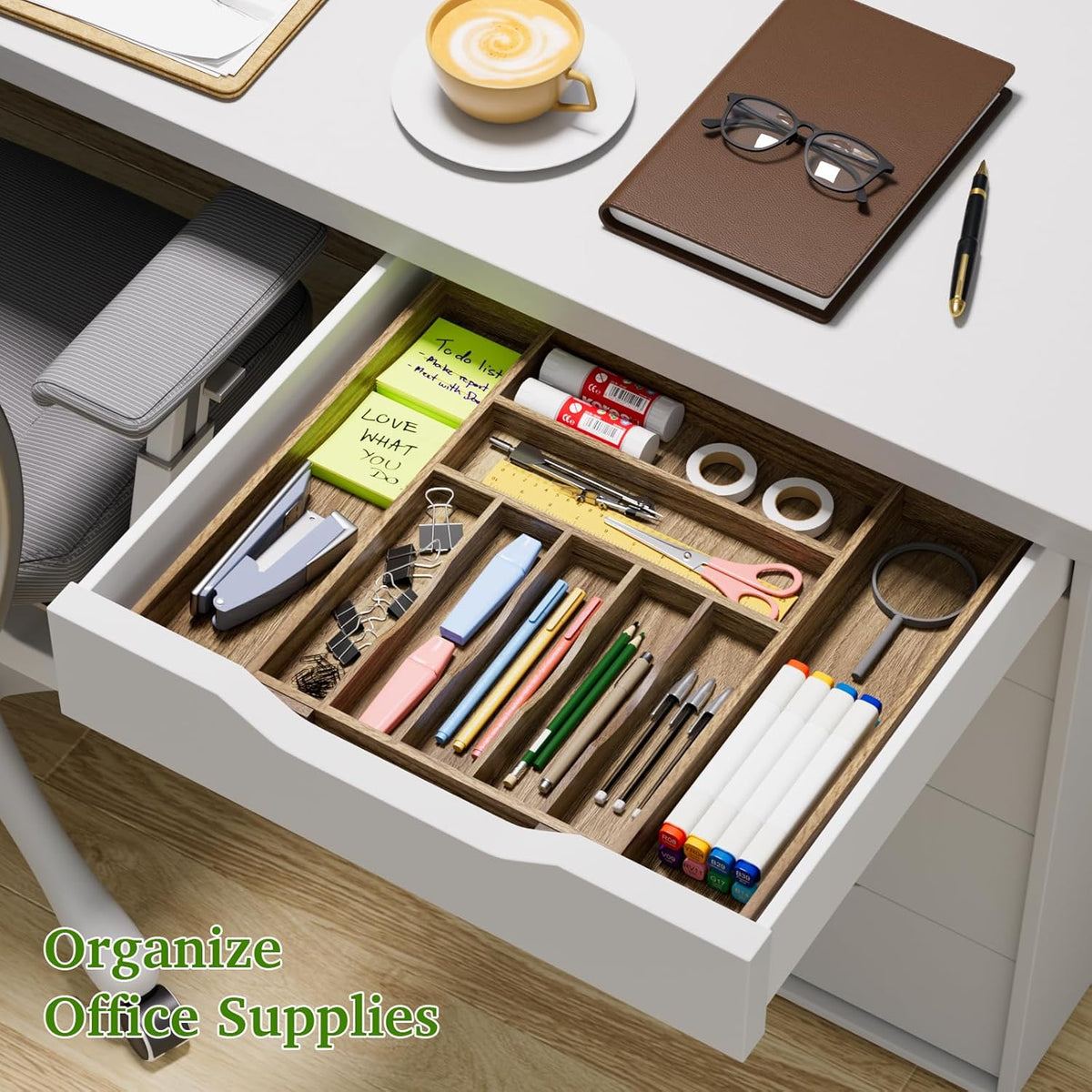 Kiasthome Acacia Wood Kitchen Silverware Drawer Organizer, Expandable Utensil Cutlery Drawer Organizer with Dividers, Flatware Organizer Silverware Tray for Spoon, Fork, 13''-21''x16.9'' (6-8 Slots)