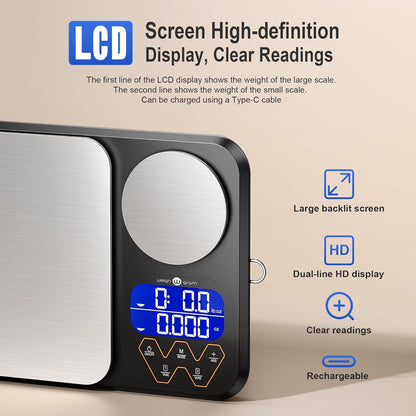 Rechargeable Digital Dual Platform Kitchen Scales Weight, 11 lb Large & 1.1 lb Mini with Two Precisions Food Scale for Sourdough Bread, Baking and Cooking with 3 Units Tare, Accumulation Functions