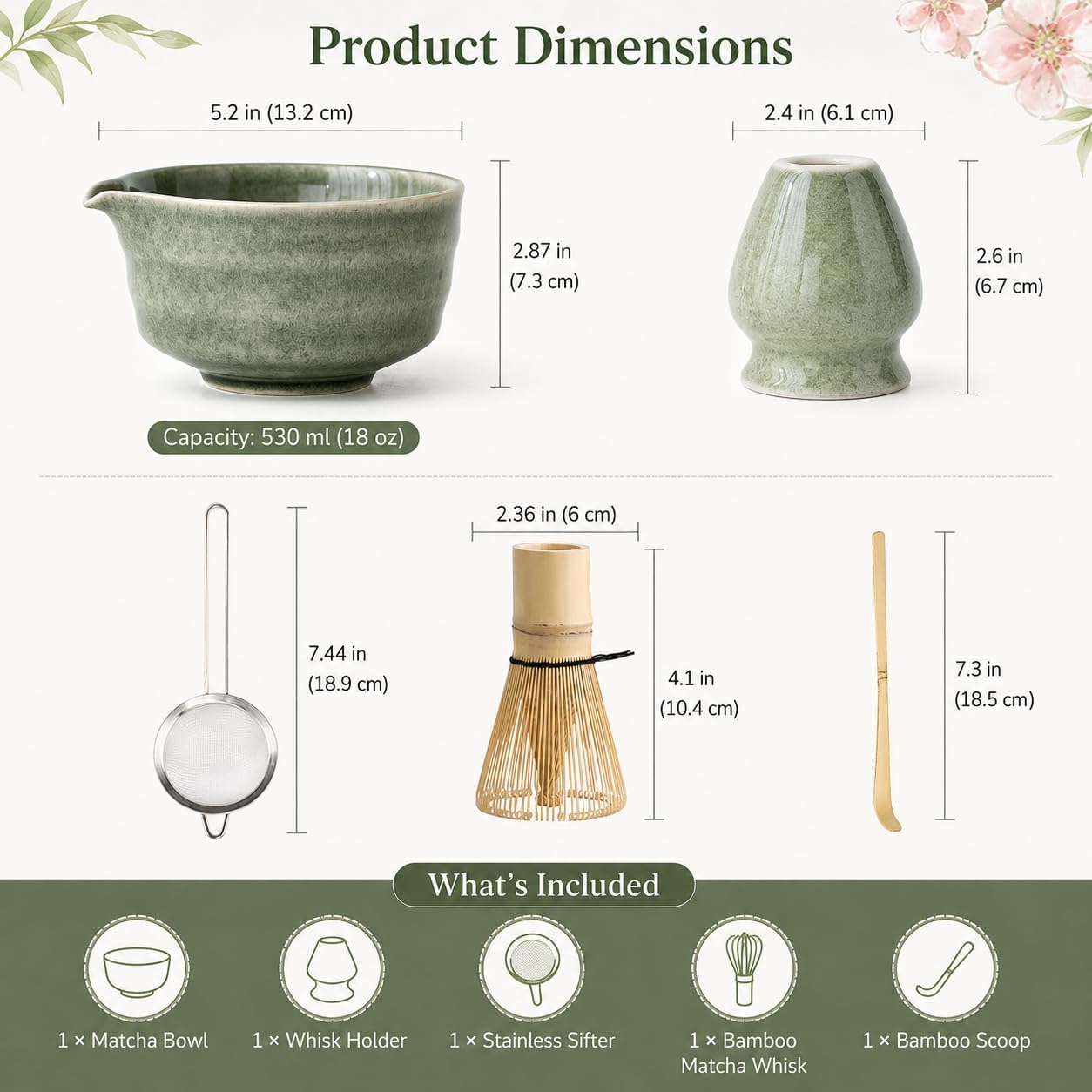 Matcha Set, Matcha Bowl with Spout, Matcha Whisk and Holder, Bamboo matcha Scoop and Stainless Sifter - 5 Pcs Jade Green Matcha Set Kit for Matcha Lover
