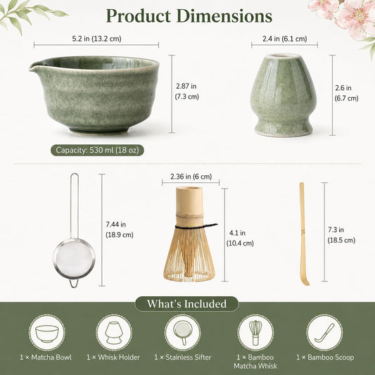 Matcha Set, Matcha Bowl with Spout, Matcha Whisk and Holder, Bamboo matcha Scoop and Stainless Sifter - 5 Pcs Jade Green Matcha Set Kit for Matcha Lover