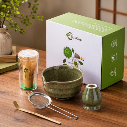 Matcha Set, Matcha Bowl with Spout, Matcha Whisk and Holder, Bamboo matcha Scoop and Stainless Sifter - 5 Pcs Jade Green Matcha Set Kit for Matcha Lover