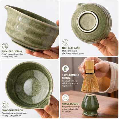 Matcha Set, Matcha Bowl with Spout, Matcha Whisk and Holder, Bamboo matcha Scoop and Stainless Sifter - 5 Pcs Jade Green Matcha Set Kit for Matcha Lover