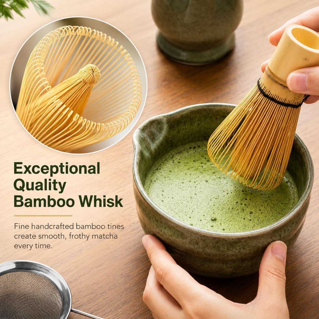 Matcha Set, Matcha Bowl with Spout, Matcha Whisk and Holder, Bamboo matcha Scoop and Stainless Sifter - 5 Pcs Jade Green Matcha Set Kit for Matcha Lover