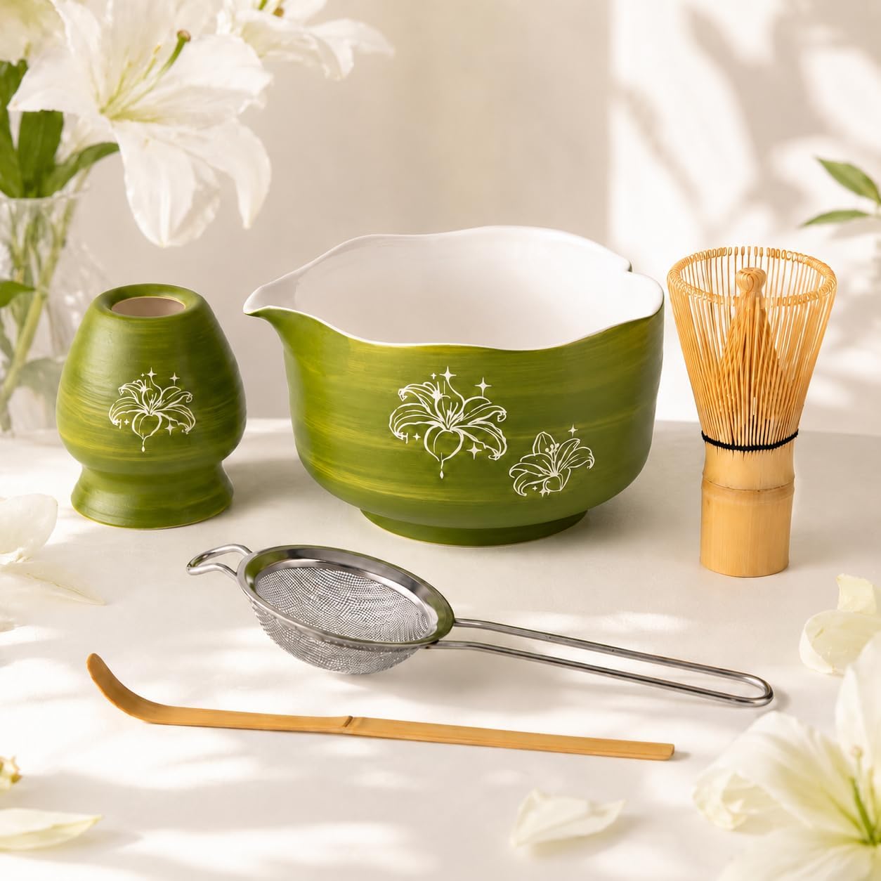 Matcha Set, Matcha Bowl with Spout, Matcha Whisk and Holder, Bamboo matcha Scoop and Stainless Sifter - 5 Pcs Jade Green Matcha Set Kit for Matcha Lover