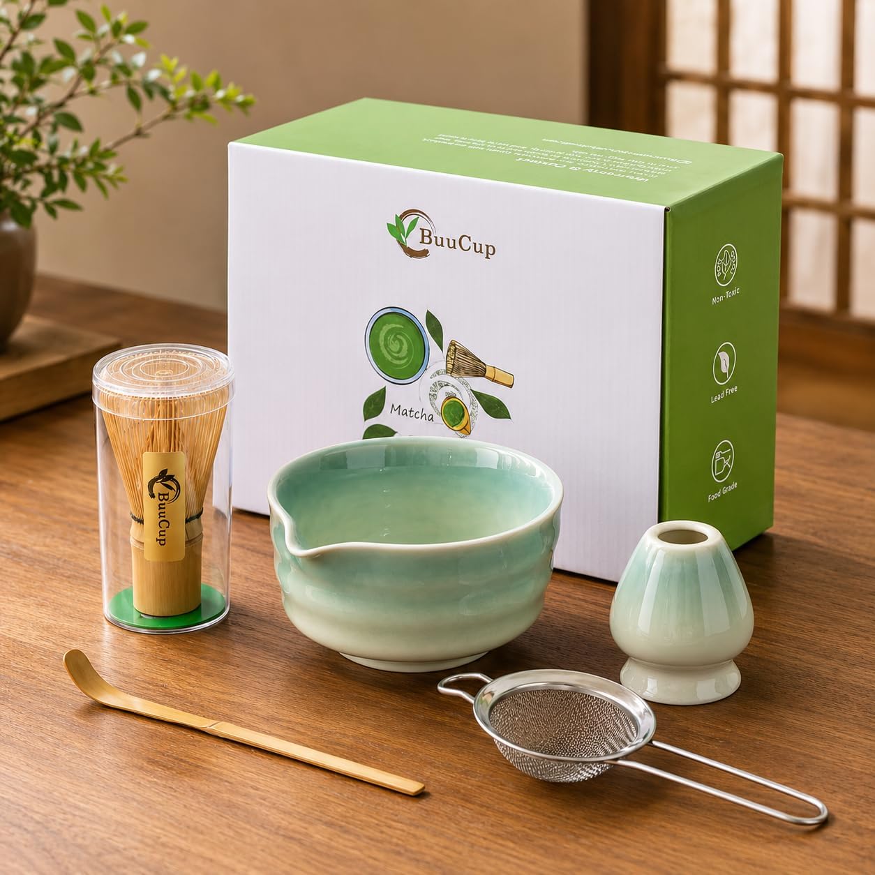 Matcha Set, Matcha Bowl with Spout, Matcha Whisk and Holder, Bamboo matcha Scoop and Stainless Sifter - 5 Pcs Jade Green Matcha Set Kit for Matcha Lover