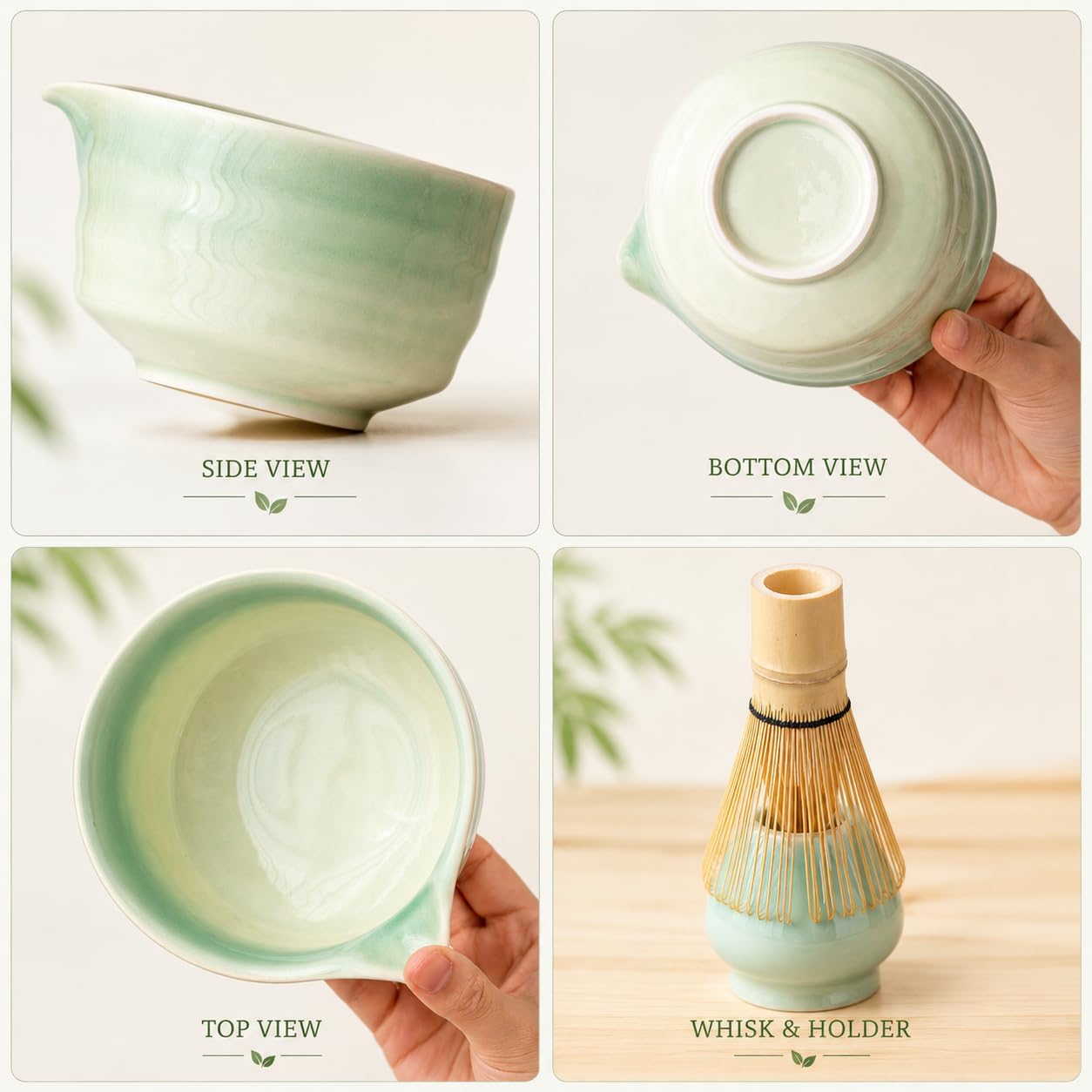 Matcha Set, Matcha Bowl with Spout, Matcha Whisk and Holder, Bamboo matcha Scoop and Stainless Sifter - 5 Pcs Jade Green Matcha Set Kit for Matcha Lover