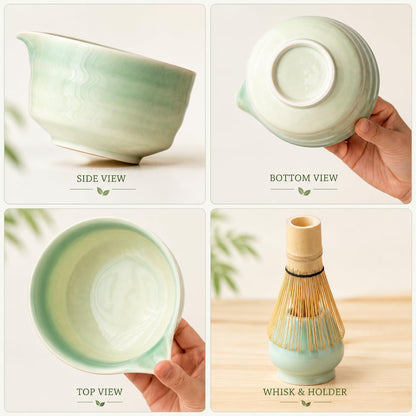 Matcha Set, Matcha Bowl with Spout, Matcha Whisk and Holder, Bamboo matcha Scoop and Stainless Sifter - 5 Pcs Jade Green Matcha Set Kit for Matcha Lover