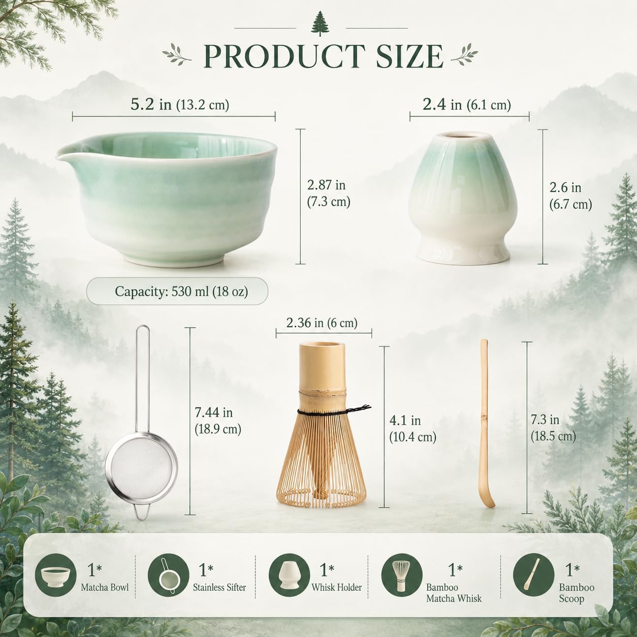 Matcha Set, Matcha Bowl with Spout, Matcha Whisk and Holder, Bamboo matcha Scoop and Stainless Sifter - 5 Pcs Jade Green Matcha Set Kit for Matcha Lover