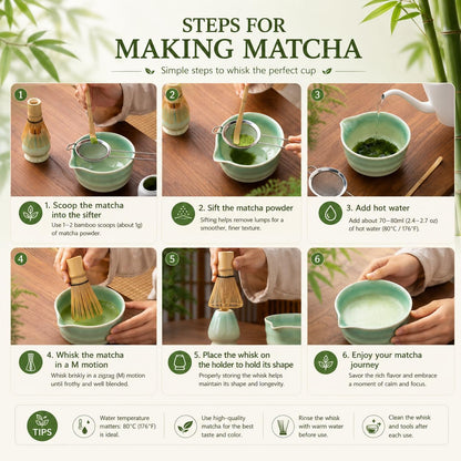 Matcha Set, Matcha Bowl with Spout, Matcha Whisk and Holder, Bamboo matcha Scoop and Stainless Sifter - 5 Pcs Jade Green Matcha Set Kit for Matcha Lover