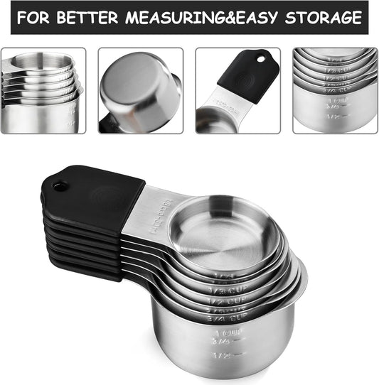 Magnetic Measuring Cups and Spoons Set, N52 Magnetic spoons Nesting Design, 304 Stainless Steel measuring cups, BPA Free, Dual-sided Design Set of 15 with Leveler for Dry & Liquid Ingredients Black