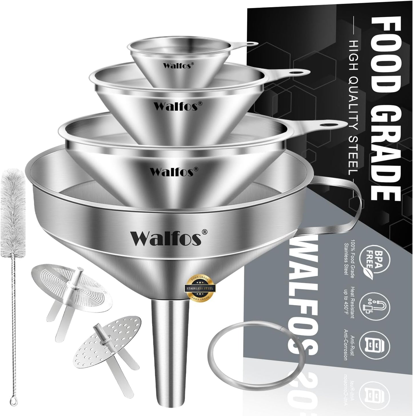 Stainless Steel Funnel, 4 Pack(4in、3 in、2.2 in、1.7in Kitchen Funnel with 2 Removable Strainer ＆ 1Pcs Cleaning Brush, Perfect for Transferring of Liquid, Oils, Jam, Dry Ingredients & Powder
