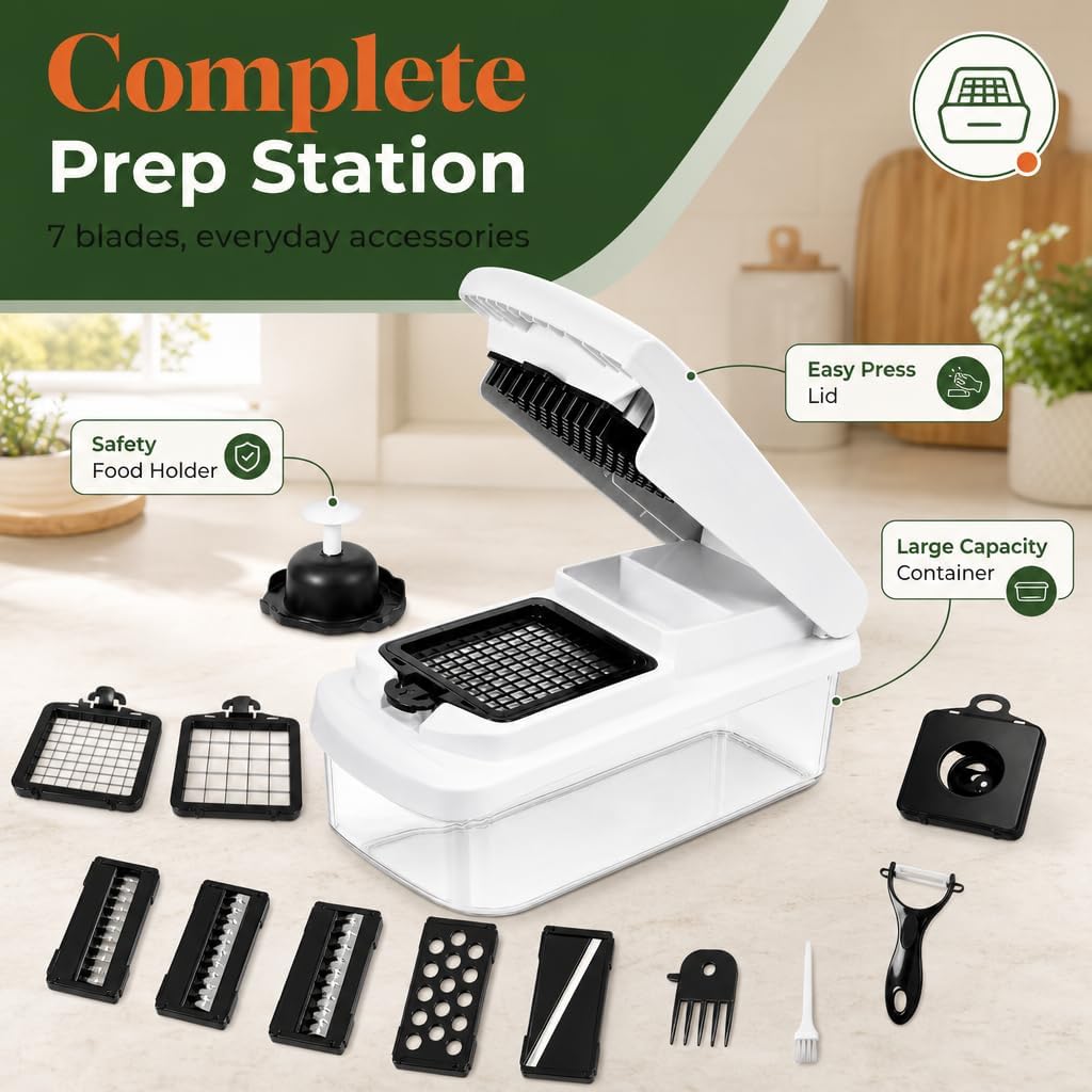 Vegetable Chopper, 15-in-1 Food Chopper with Container, Mandoline Slicer Dicer, Onion Chopper, Vegetable Cutter with Interchangeable Blades, Kitchen Gadget for Meal Prep, Fruits Veggies