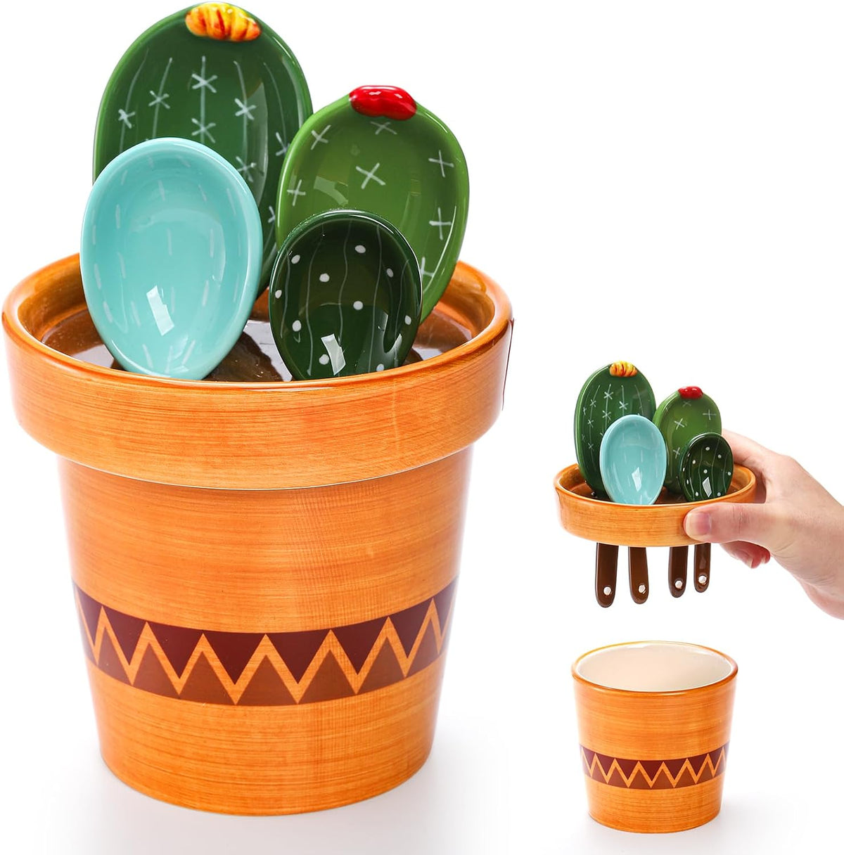 5Pcs Ceramic Measuring Spoons in Pot, Cactus Shape Baking Measuring Spoons and Cup Decorative Cactus Figurine Measuring Spoon Set for Baking, Milk, Sugar, Salt