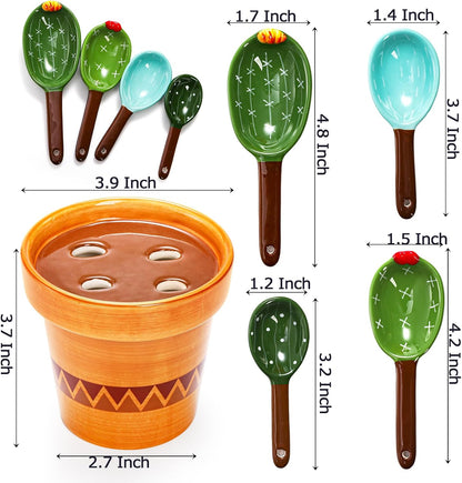 5Pcs Ceramic Measuring Spoons in Pot, Cactus Shape Baking Measuring Spoons and Cup Decorative Cactus Figurine Measuring Spoon Set for Baking, Milk, Sugar, Salt