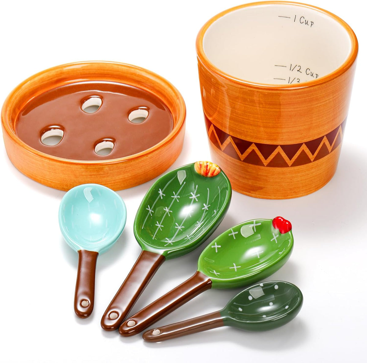 5Pcs Ceramic Measuring Spoons in Pot, Cactus Shape Baking Measuring Spoons and Cup Decorative Cactus Figurine Measuring Spoon Set for Baking, Milk, Sugar, Salt