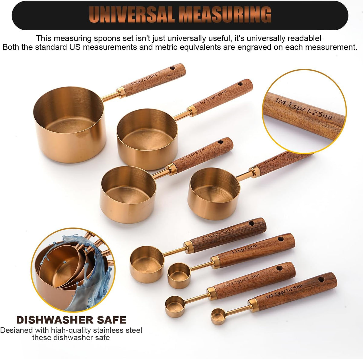 Measuring Cups and Spoons Set with Wood Handles 8PCS