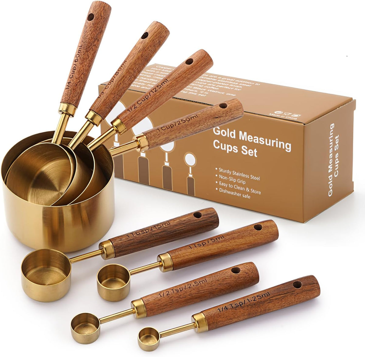 Measuring Cups and Spoons Set with Wood Handles 8PCS