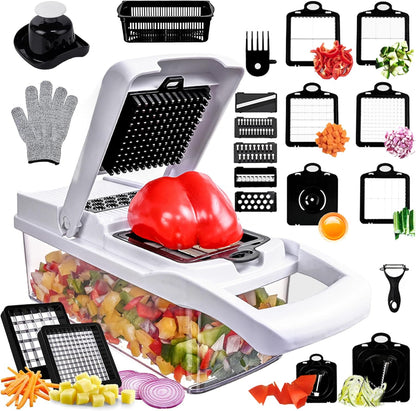 Vegetable Chopper,25 in 1 Multifunctional Food Chopper with Container,Kitchen Vegetable Slicer Dicer Cutter,Veggie Chopper Fruit Salad Potato,13 Blade Stainles Steel Blades（White）