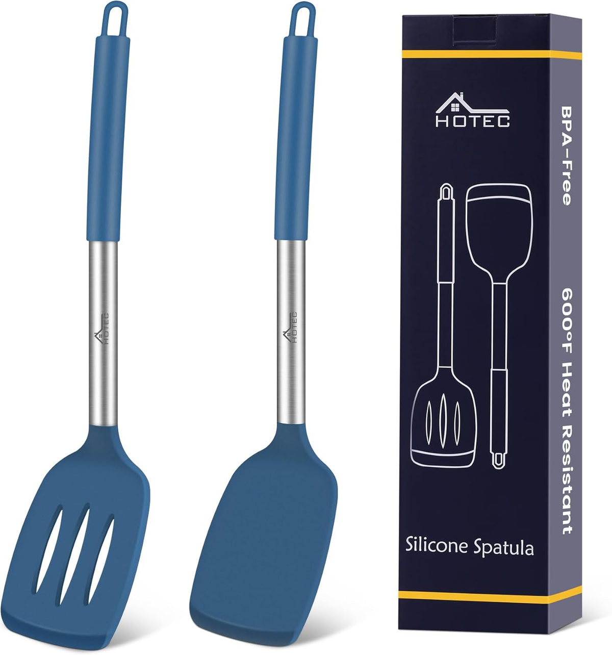 Silicone Spatula Set of 2 Heat-Resistant 600°F & BPA-Free Kitchen SaptulaTurner with Stainless Steel Handles, Slotted & Solid Spatulas for Nonstick Cookware, 13.7 Inch, Classic Blue
