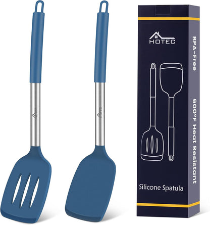 Silicone Spatula Set of 2 Heat-Resistant 600°F & BPA-Free Kitchen SaptulaTurner with Stainless Steel Handles, Slotted & Solid Spatulas for Nonstick Cookware, 13.7 Inch, Classic Blue