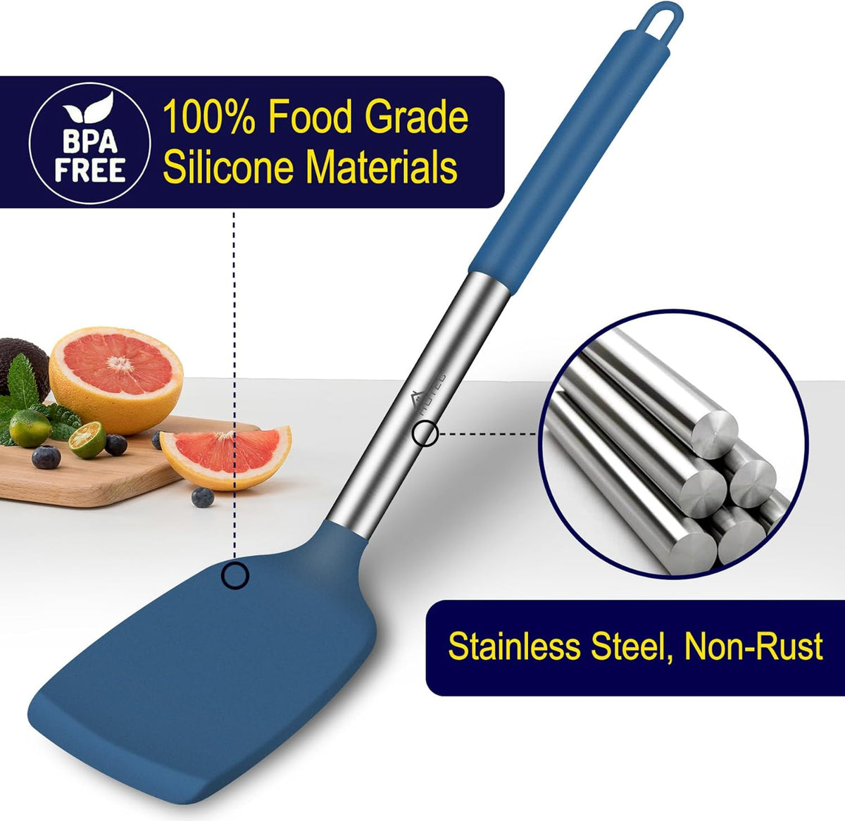 Silicone Spatula Set of 2 Heat-Resistant 600°F & BPA-Free Kitchen SaptulaTurner with Stainless Steel Handles, Slotted & Solid Spatulas for Nonstick Cookware, 13.7 Inch, Classic Blue