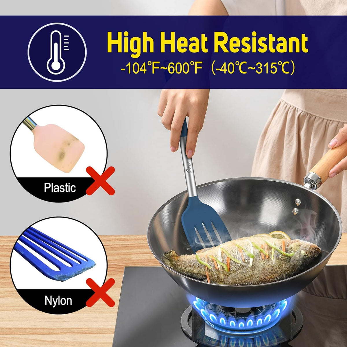 Silicone Spatula Set of 2 Heat-Resistant 600°F & BPA-Free Kitchen SaptulaTurner with Stainless Steel Handles, Slotted & Solid Spatulas for Nonstick Cookware, 13.7 Inch, Classic Blue