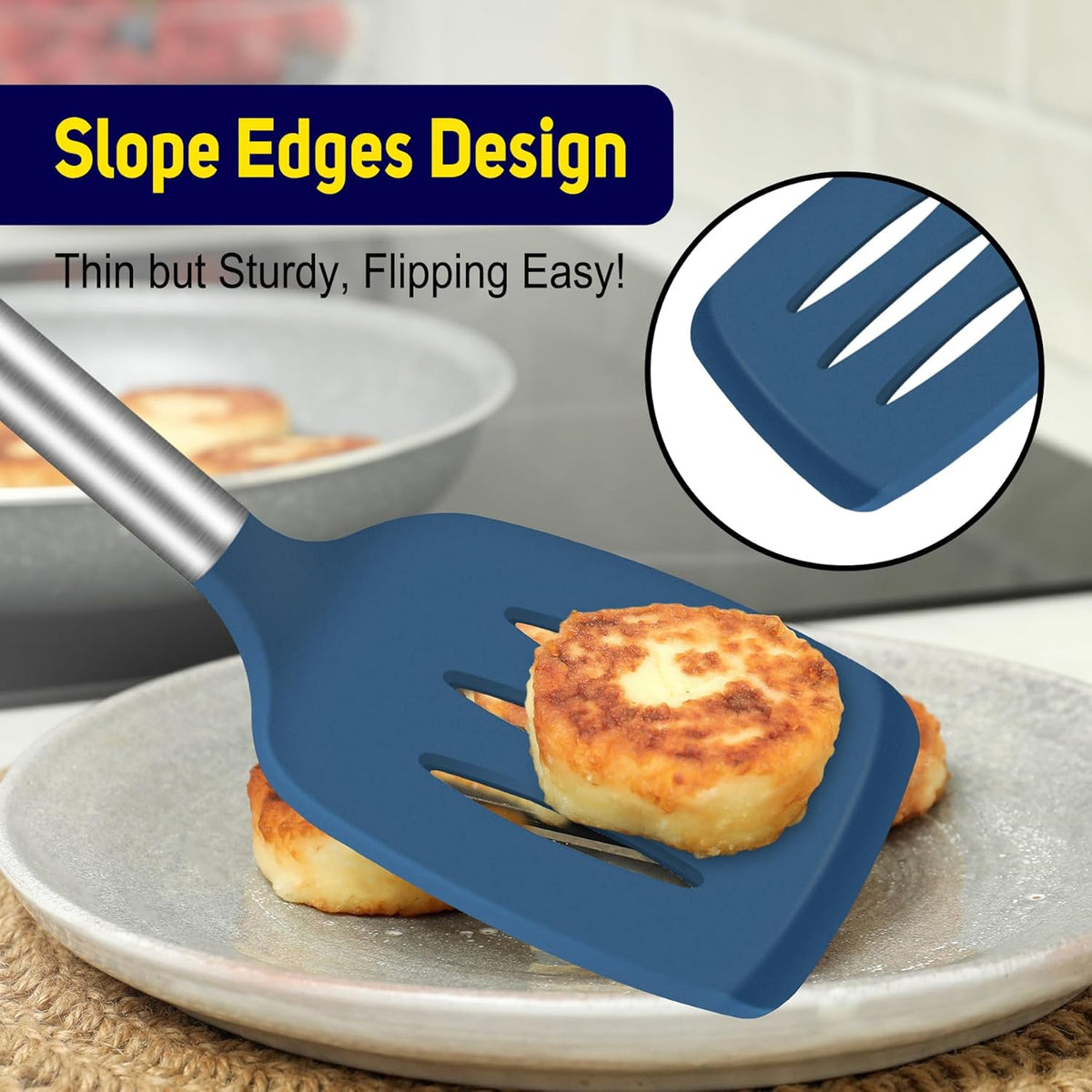 Silicone Spatula Set of 2 Heat-Resistant 600°F & BPA-Free Kitchen SaptulaTurner with Stainless Steel Handles, Slotted & Solid Spatulas for Nonstick Cookware, 13.7 Inch, Classic Blue
