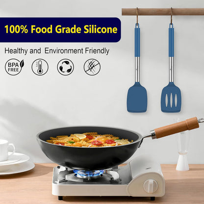 Silicone Spatula Set of 2 Heat-Resistant 600°F & BPA-Free Kitchen SaptulaTurner with Stainless Steel Handles, Slotted & Solid Spatulas for Nonstick Cookware, 13.7 Inch, Classic Blue